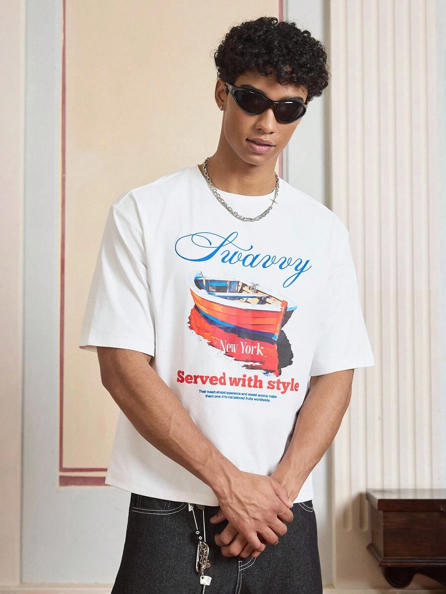 SWAVVY Daily Casual Graphic T-Shirt For Men Loose Fit Round Neck Short Sleeve T-Shirt - White - View 1