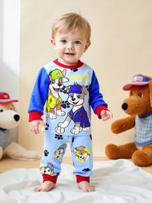 SHEIN Playful Pals Baby Boy Cartoon Puppy Print Colorblock Rib Crew Neck Long Sleeve T-Shirt And Pants Casual Outfit, Spring Autumn - Multicolor - View 11