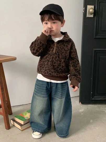 DAZY Baby Boys' Korean Style Leopard Print Lapel Loose Long Sleeve Top Fall,Winter