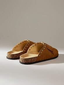 Solecia Zapatos planos cómodos con puntera redonda, borlas y pedrería completa, con doble hebilla para mujer, versátiles para uso diario, fiesta y commute - Camel - Ver 4