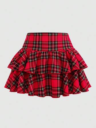 SHEIN Gonna a balze con pantaloncini interni in tartan rosso per ragazze pre-adolescenti, casual, sportiva, preppy, adatta per il ritorno a scuola, primavera ed estate