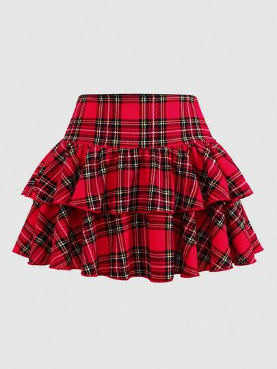 SHEIN Falda con volantes y shorts incorporados a capas de cuadros rojos para niñas preadolescentes, informal, deportiva, colegial, vuelta al colegio, primavera y verano