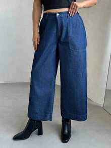 Auralis Plus Size Women Pocket Loose Flared Casual Versatile Jeans Summer