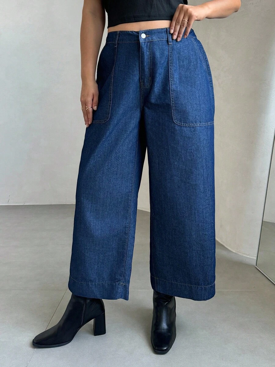 Auralis Plus Size Women Pocket Loose Flared Casual Versatile Jeans Summer