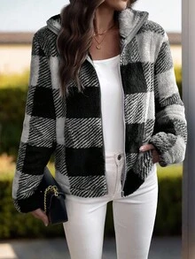 EMERY ROSE Elegant & Chic Reversible Plaid Fleece Zip-Up Jacket For Women, Autumn/Winter