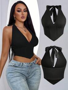 Chiquease Women Solid Color Sexy Halter Neck Backless Crop Tank Top,Fashionable Casual Minimalist Black Sleeveless Deep V-Neck Slim Fit Top,Cute Going Out Top,Bodycon Camis For Holiday/Club/Daily Wear