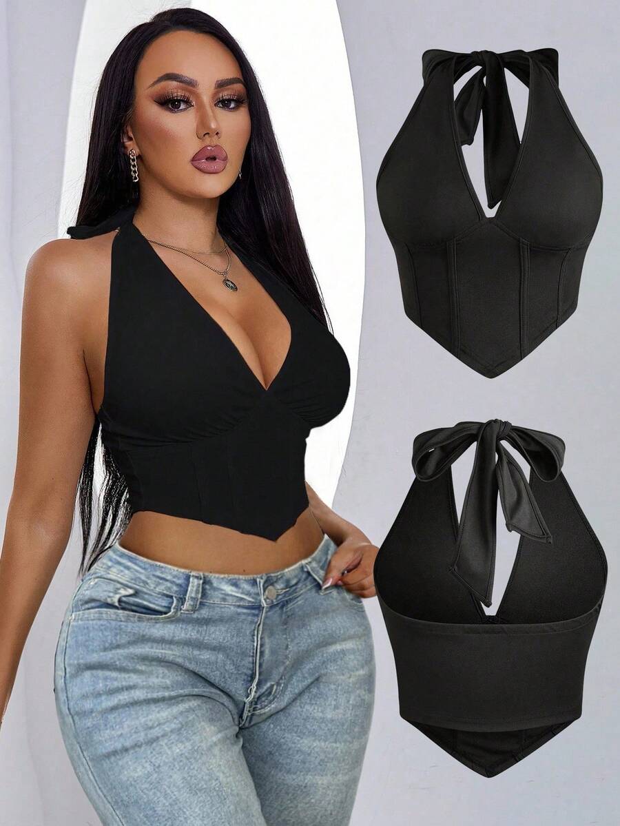 Chiquease Women Solid Color Sexy Halter Neck Backless Crop Tank Top,Fashionable Casual Minimalist Black Sleeveless Deep V-Neck Slim Fit Top,Cute Going Out Top,Bodycon Camis For Holiday/Club/Daily Wear