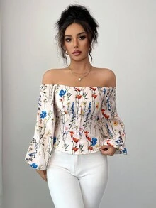 Elenzga 女式露肩花卉印花灯笼袖衬衫，度假装 - 彩色 - 查看 1