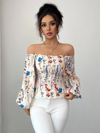 Elenzga 女式露肩花卉印花灯笼袖衬衫，度假装