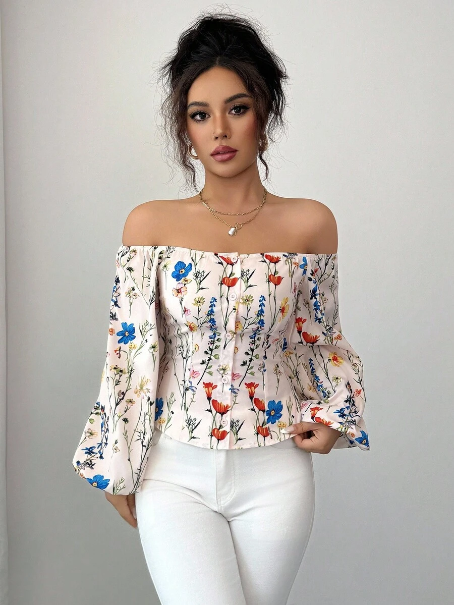 Elenzga 女式露肩花卉印花灯笼袖衬衫，度假装 - 彩色 - 查看 1