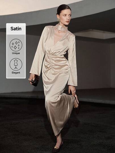 Uhlyne Vestido de manga larga con cuello en V profundo y elegante minimalista de color crema para mujer, adecuado para fiestas, invitadas de boda y ocasiones formales