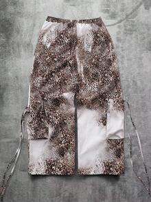 ROMWE MEN Street Life 男女款豹纹直筒工装裤，美式街头风，秋季必备 - 咖啡棕 - 查看 2