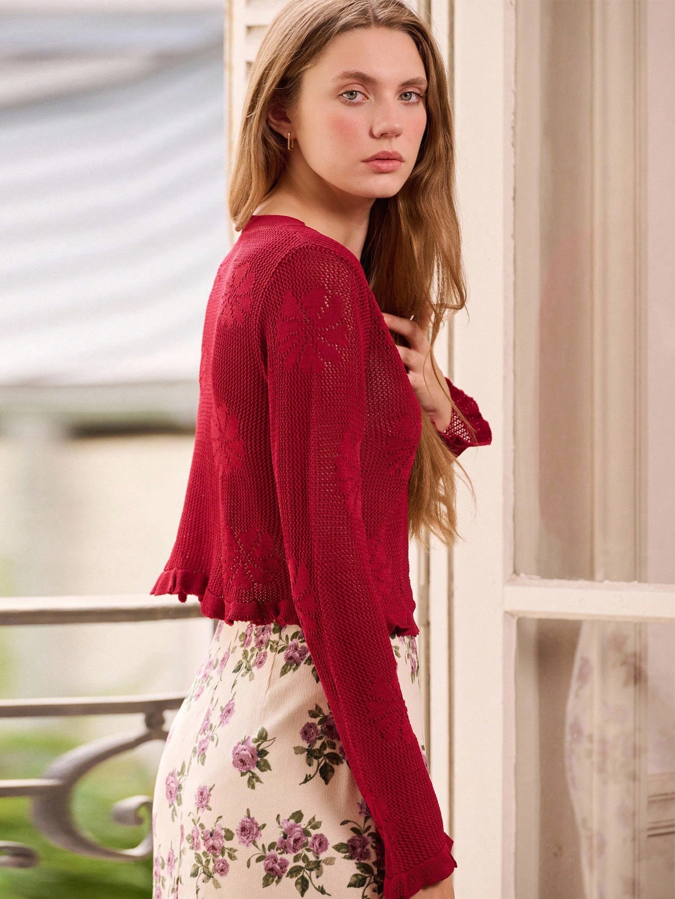 Cardigan in jacquard e rete con dettagli floreali all'uncinetto, abbigliamento autunnale da donna, outfit autunnali, abbigliamento autunnale e invernale da donna