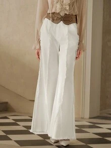 SHEIN Unity Pantaloni eleganti, romantici e alla moda per le donne, con design di orlo sfrangiato e gamba dritta, abiti adatti per il Capodanno - Bianco - Visualizzare 5