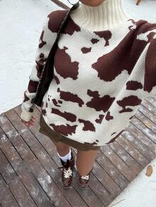 Muchica 新款秋季棕色毛衣女装老款秋季女式休闲立领牛奶纹理毛衣，秋冬奶牛印花毛衣棕色毛衣女冬季毛衣秋季毛衣，豹纹上衣 - 彩色 - 查看 6