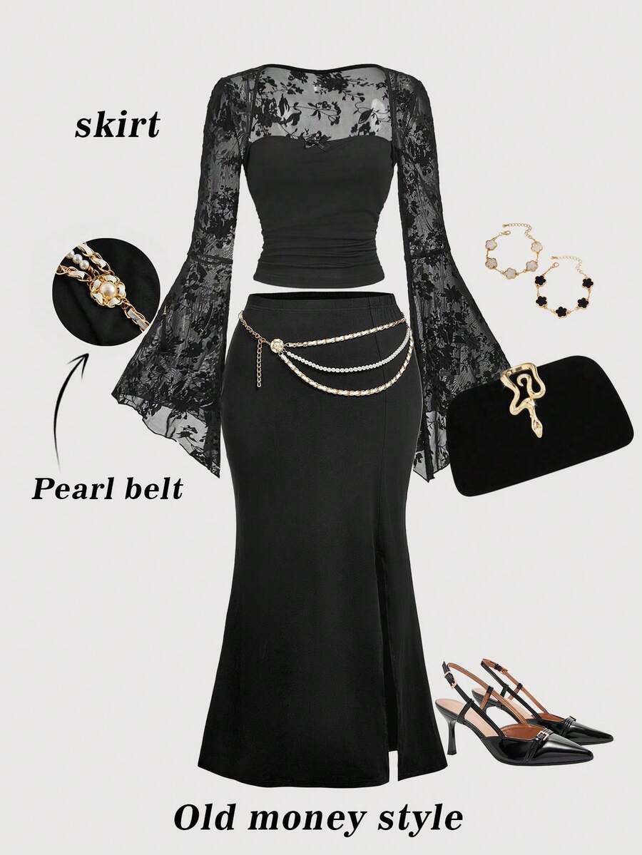 SHEIN MOD Plus Size Women Black Bodycon Midi Skirt With Pearl Waist Belt,Elegant,Autumn Dinner,All-Match Long Skirt For Parties,Old Money Style,Brunch,Goth - Black - View 1