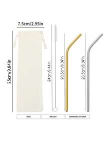 8 Stücke Edelstahl Strohhalme & 2 Stücke Reinigungsbürsten & 1 Stück Aufbewahrungstasche Set, Küche, Weihnachtsgeschenk, Schulmaterial - Gold - Übersicht 8