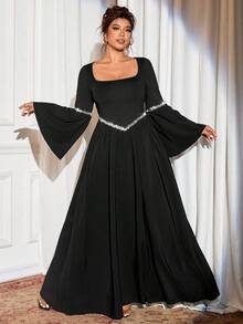 Cravure Váy ngắn thanh lịch theo phong cách Gothic Halloween cỡ lớn dành cho nữ, váy dài tay cổ vuông ôm sát theo phong cách Pháp, mùa xuân/thu - màu đen - Xem 6