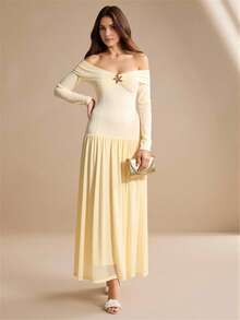 Modelyn Đầm dự tiệc hở vai, nhẹ nhàng, thanh lịch, đa năng, trang trí kim loại - Màu be - Xem 2