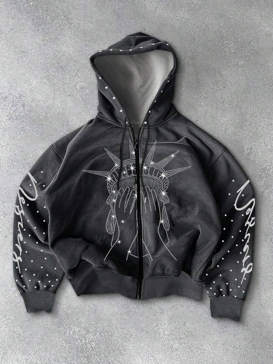 Manfinity EMRG Men's Casual Faux Rhinestone Print Hoodie Sweatshirt, Autumn - Multicolor - View 1