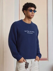 SWAVVY Men's Fashion Loose Fit Embroidered Crew Neck Long Sleeve Sweater, Fall Winter