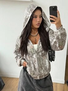 Coolane 女士秋冬外出街头风情侣同款/情侣同款/基础款/外出针织迷彩保暖内衬拉链宽松长袖卫衣 - 彩色 - 查看 1