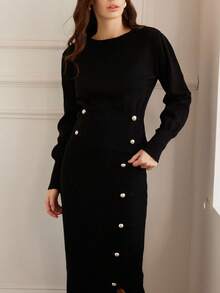 Chiquease 2pcs Set: Crew Neck Pullover Sweater With Button Decor & Midi Skirt - Black - View 2