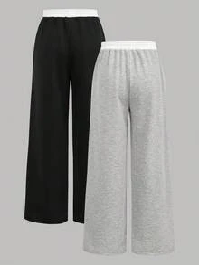 SHEIN Girlism 2 件套青少年女孩纯色黑色、白色、灰色休闲针织运动裤，配有撞色腰带，宽松慢跑裤