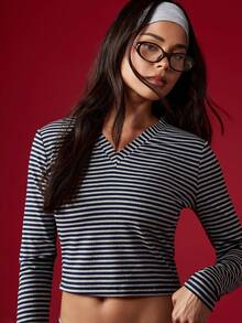 MISSGUIDED 条纹长袖短款上衣和高腰阔腿裤搭配套装，适合秋冬穿着 - 彩色 - 查看 3