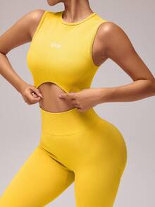 Gameset SHEIN Sport Women Solid Color Round Neck Cropped Tank Top And Leggings Athleisure Set Workout Sets - Yellow - View 3