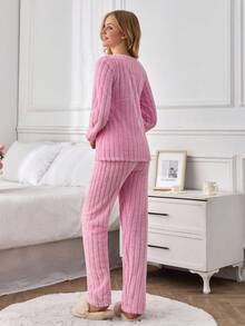 EURMUSE Ensemble de pyjama moelleux à la marguerite - Vêtements de détente côtelés en rose poudré - Rose bonbon - Voir 2