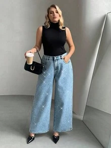 SHEIN Privé 加大码水洗钻石装饰宽松牛仔裤母亲节夏季飘逸长裤 Y2k 街头潮流俱乐部毕业典礼机场老钱风格 - 淺色水洗藍 - 查看 4