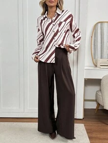 Easowa Asymmetrical Striped Print Casual Loose Commuter Vintage Style Women Shirt With Collar, Pocket, Button Front, Long Sleeve Striped Blouse Striped Shirt Diagonal Stripe Blouse Diagonal Stripe Shirt Office Blouse - Multicolor - View 6