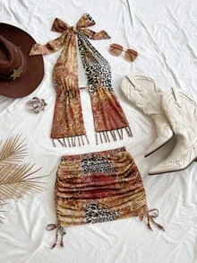 Soleia Nouvelle tenue décontractée pour vacances, mariage sur la plage, remise de diplômes, brunch, Fête de la Saint-Patrick, Printemps, Pâques, festival de musique. Ensemble élégant boho tropical à dos nu avec perles, franges et décoration métallique, à cordon coulissant, 2 pièces. Thanksgiving - Multicolore - Voir 5