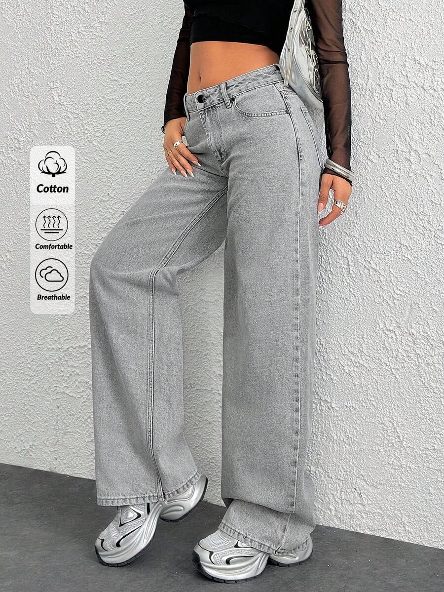 EURMUSE WOMEN CLASSIC LOW WAIST WIDELEG FIT LIGHT GRAY COLOR JEAN LONG LENTH BLACK BUTTON DETAIL - Light Grey - View 1