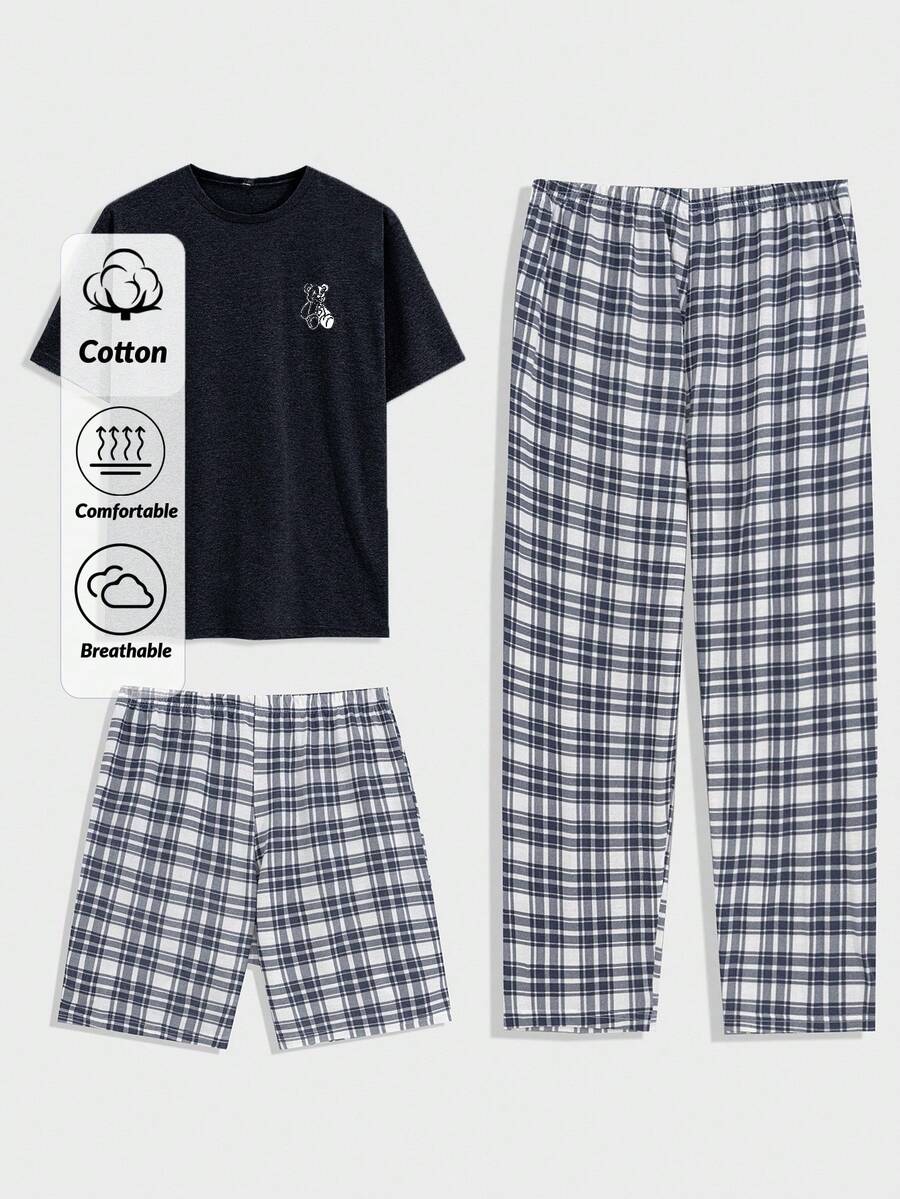 EURMUSE 3pcs Men's Plaid Pocket T-Shirt, Shorts And Pants Pajama Set