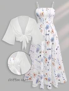 Franclia Plus Size Women Ditsy Floral Chiffon Dress And Elegant Two Pieces Set, Summer Fall Cloth For Women