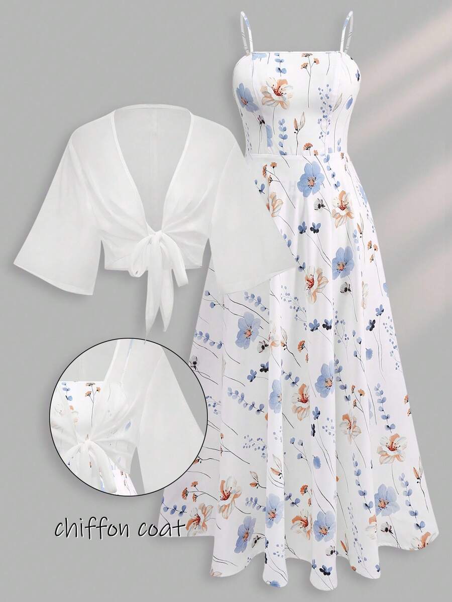 Franclia Plus Size Women Ditsy Floral Chiffon Dress And Elegant Two Pieces Set, Summer Fall Cloth For Women