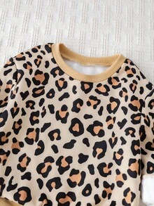 Cozy Pixies 2pcs Baby Girl Leopard Print Knit Soft Crew Neck Long Sleeve Pullover Sweatshirt And Solid Color Elastic Waist Pants Set Fall Winter - Multicolor - View 5