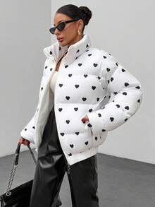 EURMUSE Heart Print Stand Collar Casual Jacket, Winter - White - View 1