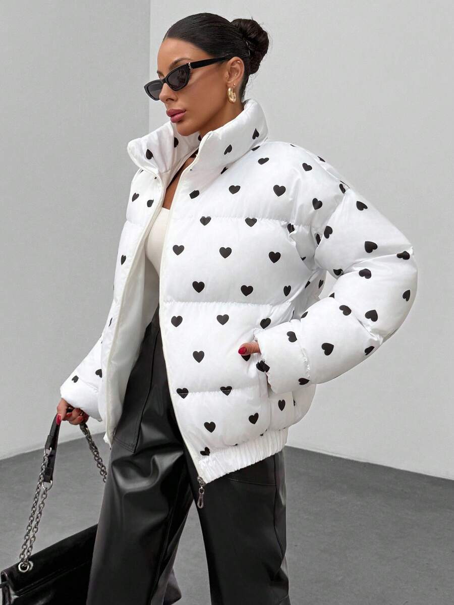 EURMUSE Heart Print Stand Collar Casual Jacket, Winter - White - View 1