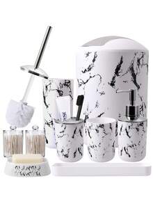 5PCS/9PCS Marble Pattern Bathroom Accessories Set, Including Toothbrush Holder, Soap Dispenser, Soap Dish, Tumbler, Refillable Bottles, Trash Can And Toilet Brush Home Bathroom Decor Fall Decor Back To School