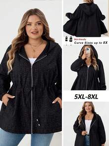 SHEIN CURVE+ Women's Plus Size Front Zipper Long Sleeve Hooded Jacquard Windbreaker Jacket, Casual Everyday Wear, Autumn Winter Fall/Autumn /Winter - Black - View 1