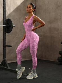 Slayform 1pc Women's Leopard Print Yoga Workout Jumpsuit Backless Workout Jumpsuit Pink Activewear Jumpsuit Seamless Workout Jumpsuit Pink Gym Jumpsuit Pink Leopard Workout Jumpsuit Workout Sets Pink Pink Yoga Set Gym Clothes Women Set Backless Pink Activewear Set Backless Gym Jumpsuit Women Pink Seamless Workout Jumpsuit Pink Leopard Print Jumpsuit - Hot Pink - View 5