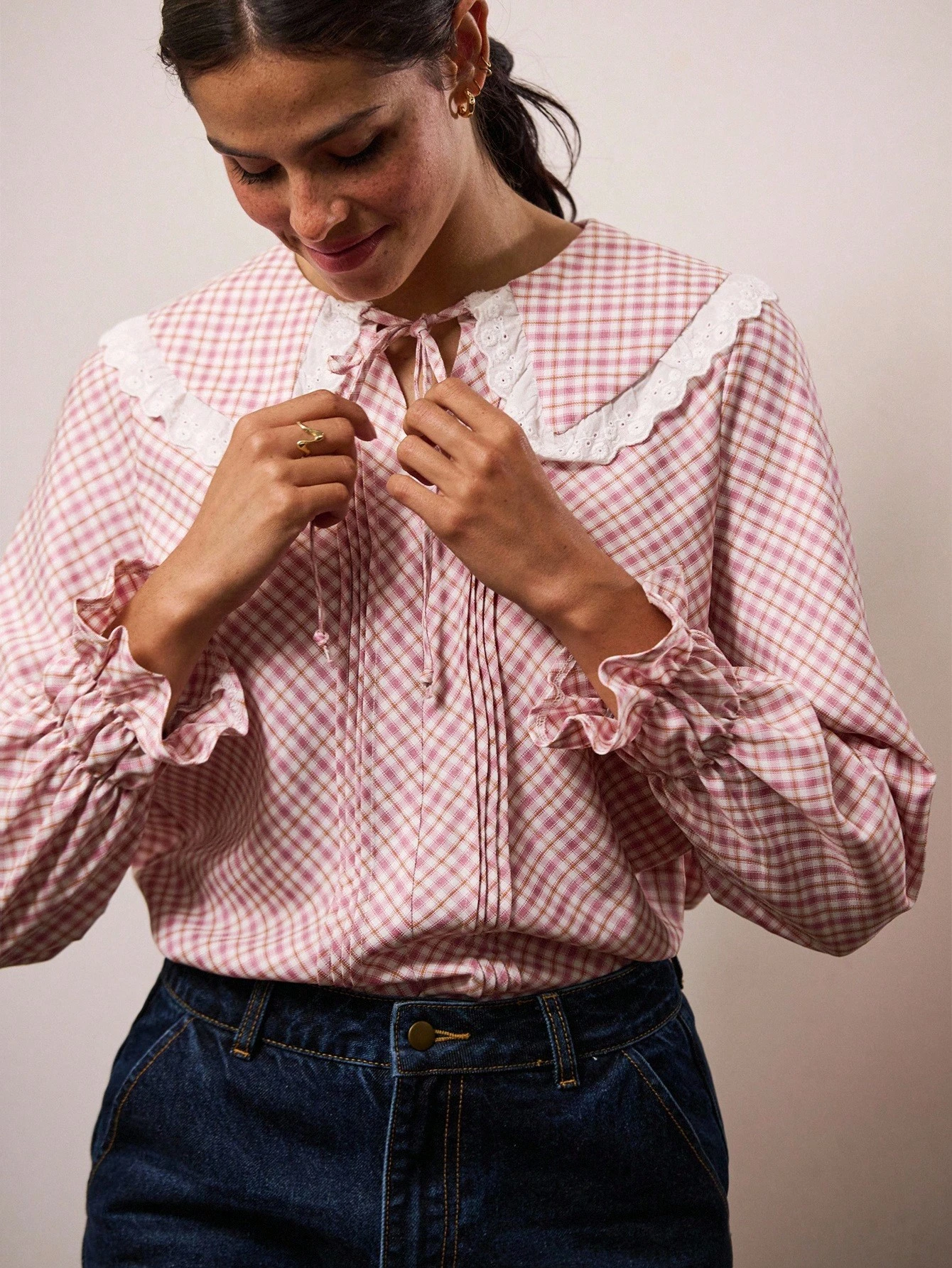 Pink Gingham Blouse With Lace-Trimmed Peter Pan Collar And Ruched Long Sleeves Fall Women Spring Summer Office