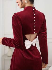 Modelyn Elegant Velvet Bowknot Long Sleeve Mini Dress For Women, Red Dress Women,Elegant Dresses For Ladies,Dress For Wedding Guest,Party Dress,New Year Dress,Christmas Clothes For Women,Autumn Clothes For Women,Winter Clothes