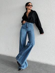 ZIRRA 女式休闲高腰阔腿水洗牛仔裤 - 中等水洗藍 - 查看 4