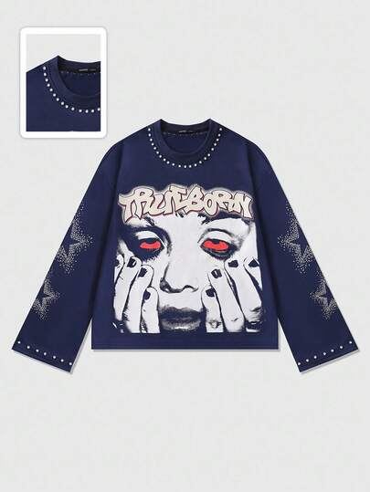 Street Life تي شيرت طويل الأكمام مطبوع للرجال، قصير وفضفاض المقاس