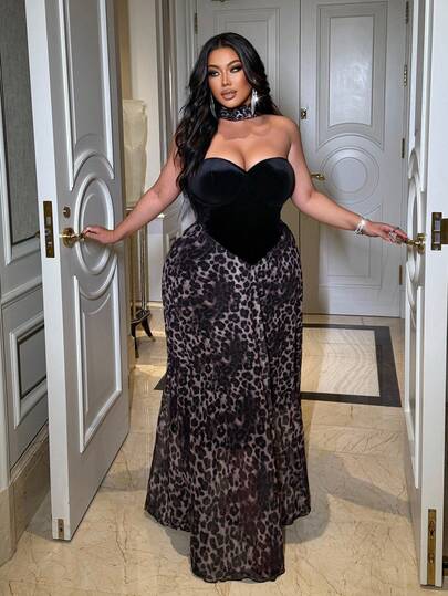 NU&NOW 性感优雅约会派对晚装天鹅绒网眼拼布豹纹数码印花鱼尾连衣裙，加大码