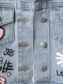 SHEIN Playful Pals Young Girls Denim Jackets & Coats, Y2K Style, Fashionable Street Casual, Light Blue Washed Floral & Letter Print, Fitted Silhouette, Daily Wear & School, Casual Denim Jacket For Little Girls Fall Winter